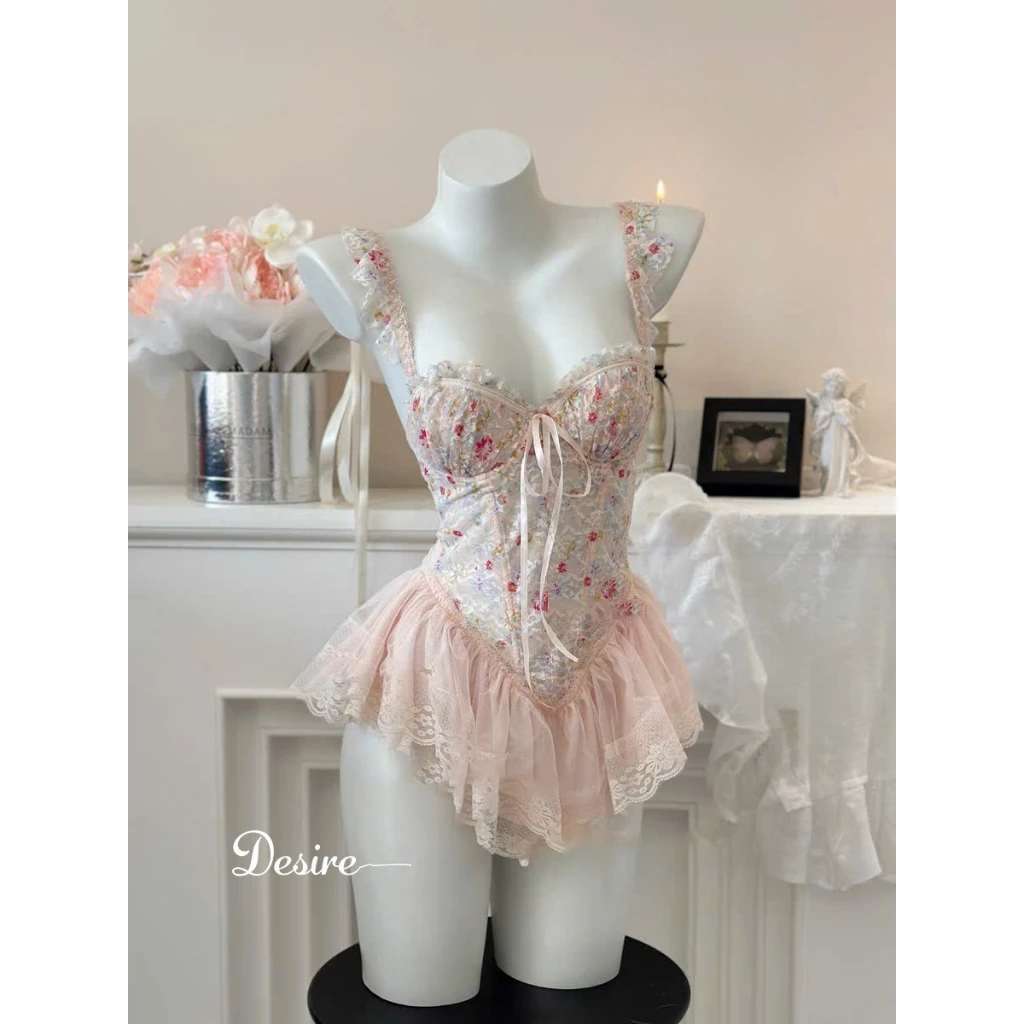 Desire Store, Váy ngủ tiểu thư - Đầm ngủ hoa nhí hai dây corset cúp ngưc kèm chip và đai sexy, gợi cảm DESIRE 1208 - Hồng nhạt (ko tất), L (53-63Kg) image 11 of 14