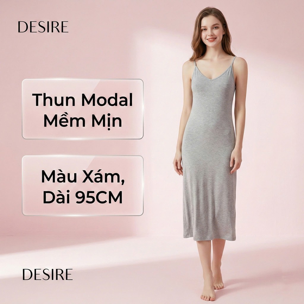 Desire Store, Váy hai dây mặc lót cổ V thun Modal (gỗ sồi) mềm mịn  đầm hai dây mặc lót dáng ôm BTM-1009 - Xám trung 95cm, M (40~49kg) image 19 of 34