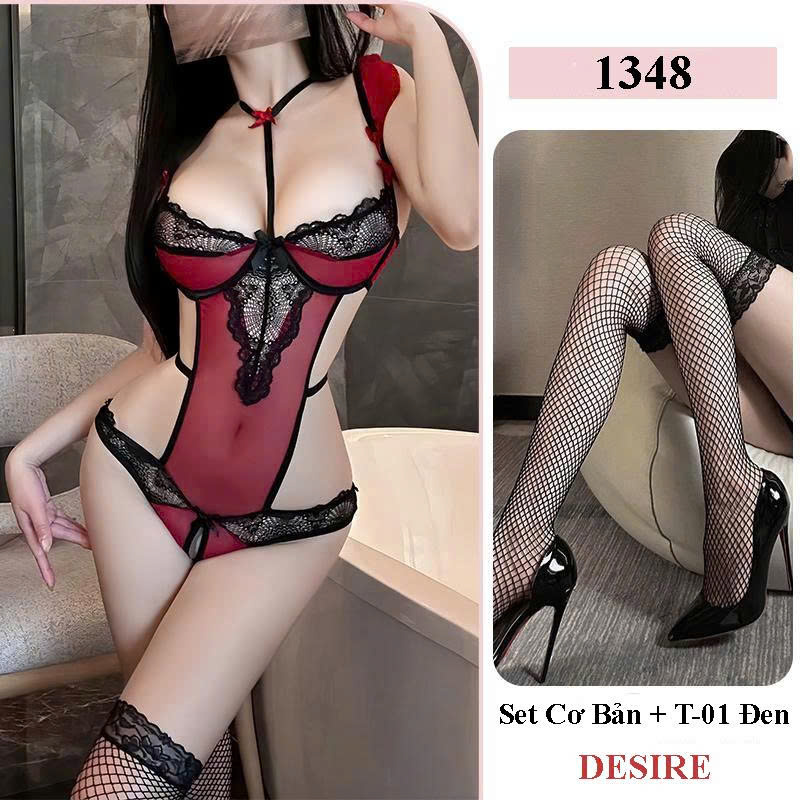 Desire Store, Bodysuit Lót Ren Xuyên Thấu Quyến Rũ - Đồ Lót Sexy Liền Thân Phối Lưới Cao Cấp DESIRE 1348 (Alluring Sheer Lace Bodysuit – Premium Sexy Mesh One-Piece Lingerie DESIRE 1348) - Set Cơ Bản Đỏ + T-01 Đen image 12 of 12
