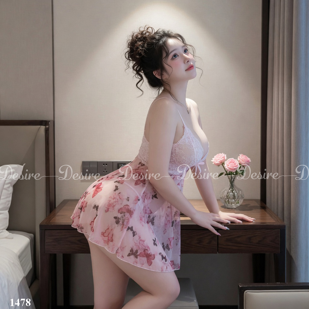 Desire Store, Váy ngủ hai dây lưới phối ren hoạ tiết cánh bướm nữ tính gợi cảm kèm quần lót DESIRE 1478 (Women's romantic mesh and lace camisole nightdress with butterfly motifs, including matching panties DESIRE 1478) image 10 of 16