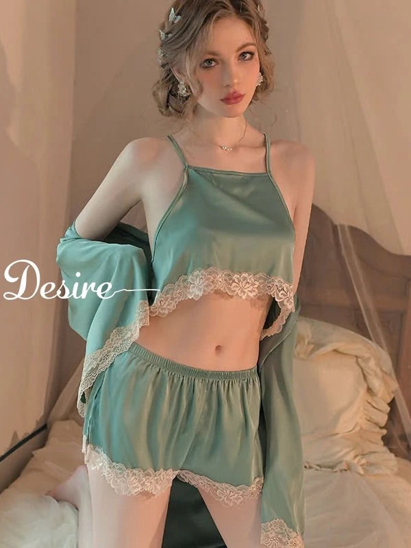 Desire Store, Bộ đồ ngủ lụa phối ren cao cấp dáng yếm cột hai dây gợi cảm mát mịn mùa hè DESIRE VN-2018 image 2 of 12
