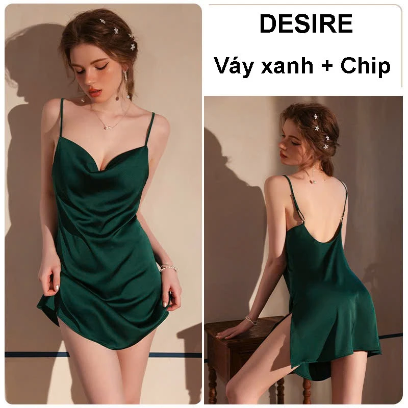 Desire Store, Váy ngủ lụa satin cao cấp -  Váy ngủ hai dây thiết kế cổ đổ hở lưng tôn dáng sexy DESIRE 1910 - Váy xanh+Chip, L image 10 of 18