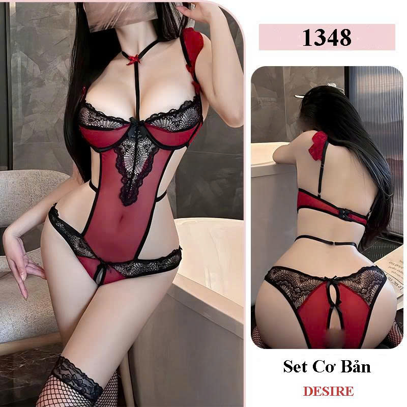 Desire Store, Bodysuit Lót Ren Xuyên Thấu Quyến Rũ - Đồ Lót Sexy Liền Thân Phối Lưới Cao Cấp DESIRE 1348 (Alluring Sheer Lace Bodysuit – Premium Sexy Mesh One-Piece Lingerie DESIRE 1348) - Set Cơ Bản Đỏ image 10 of 12