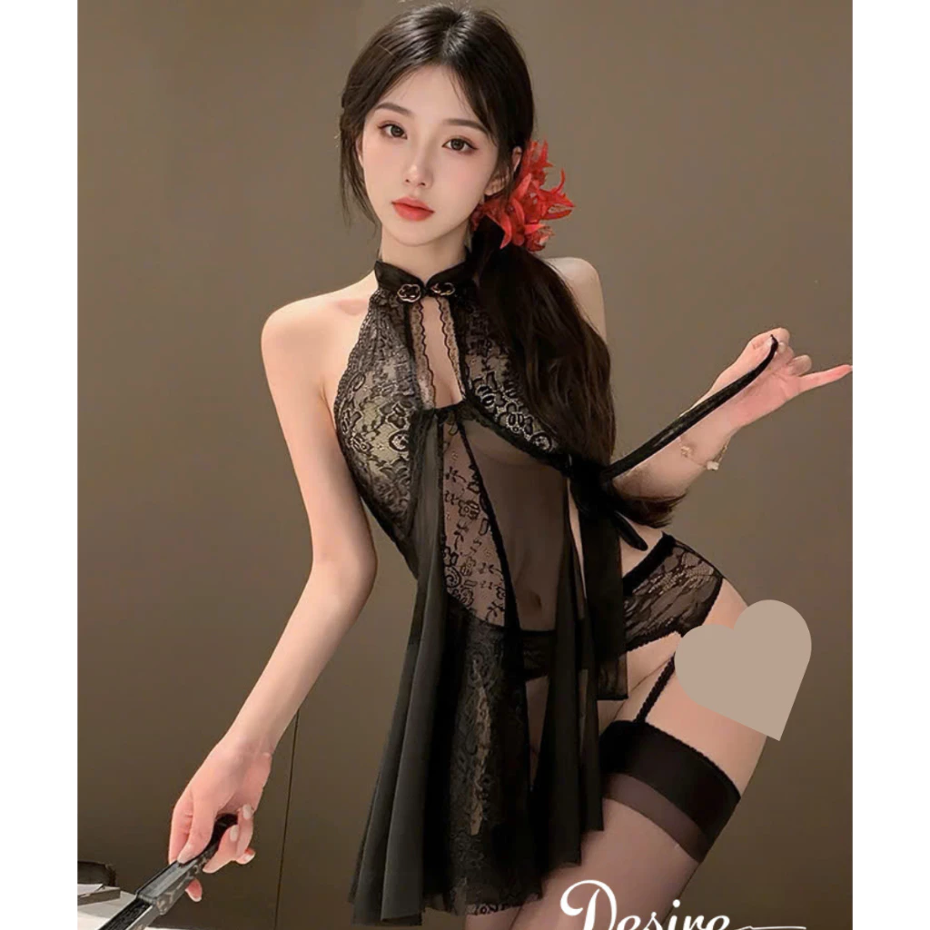 Desire Store, Váy ngủ Ren xuyên thấu phong cách Trung Hoa gợi cảm sexy DESIRE VN-6723 - Váy đen, Freesize (45-60kg) image 16 of 16