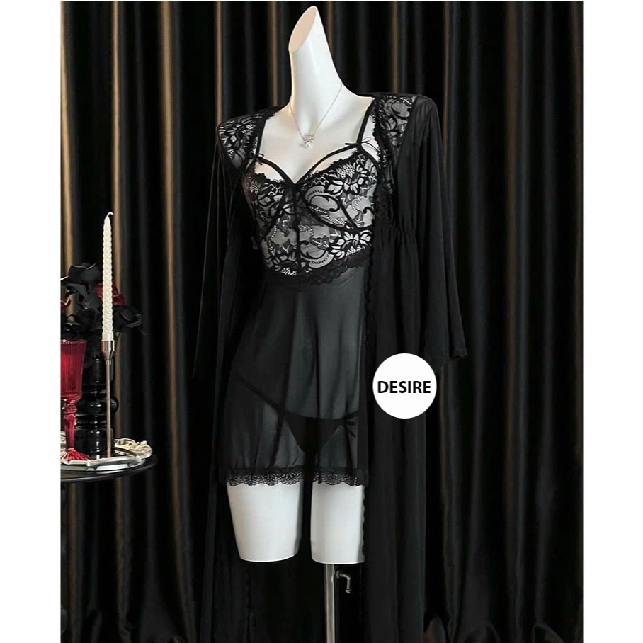 Desire Store, Váy ngủ ren xuyên thấu cut out lưng sexy kèm quần chip ren VN-8449 - Set choàng + váy đen, L (54-65kg) image 11 of 17
