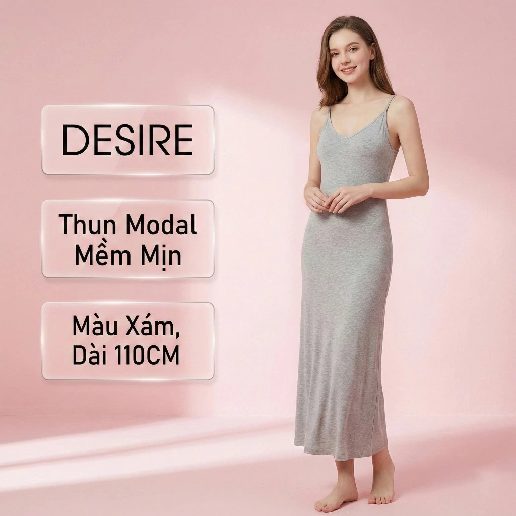 Desire Store, Váy ngủ mặc lót Nữ cổ V chất thun Modal Gỗ sồi cao cấp - Váy hai dây mặc trong mềm mịn dáng ôm DESIRE BTM-1009 - Xám 110cm, XL (56~62kg) image 21 of 21