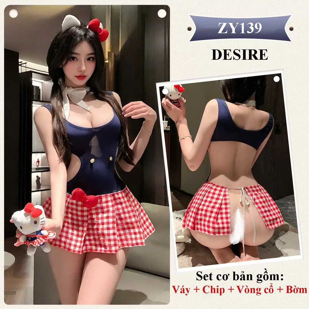 Desire Store, Váy ngủ Cosplay Hello Kitty - Set váy ngủ nữ sinh phối nơ đỏ kèm tai mèo đáng yêu, quyến rũ DESIRE ZY139 - Set cơ bản image 11 of 12