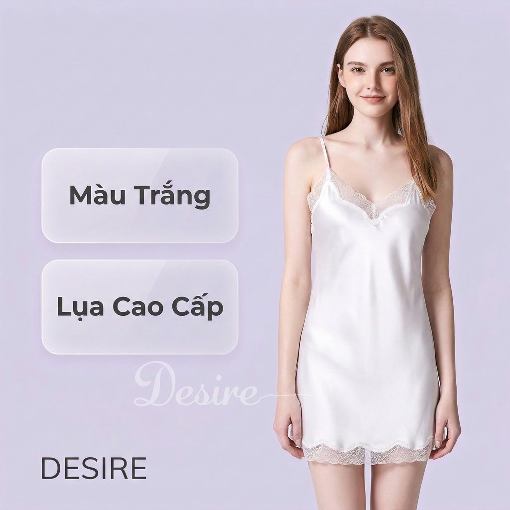 Desire Store, Váy ngủ lụa Đầm ngủ hai dây lụa kèm chip phối ren gợi cảm sexy VN-169 - Váy Trắng, M image 29 of 30