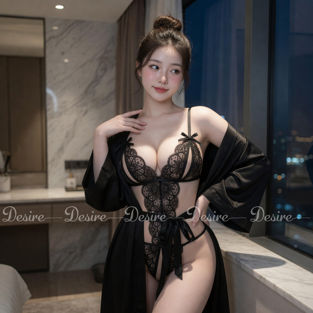 Desire Store, Set đồ lót liền thân ren xẻ đáy và Áo choàng lụa set lót ren gợi cảm sexy VN-8458 (Sexy open-crotch lace bodysuit and silk robe set 8458) image 15 of 45