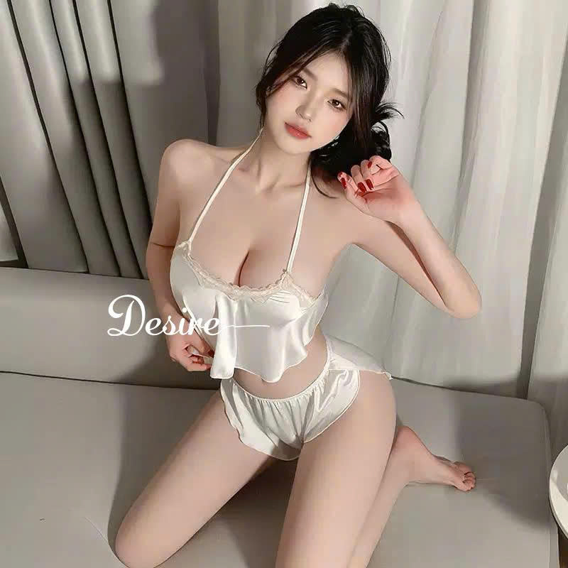 Desire Store, Đồ Bộ Ngủ Lụa Satin Thiết Kế Cổ Yếm Phối Ren Sang Chảnh - Bộ Mặc Nhà 2 Dây Sexy Tôn Dáng DESIRE 8399-1 - Trắng, M ( 40-55Kg) image 13 of 14