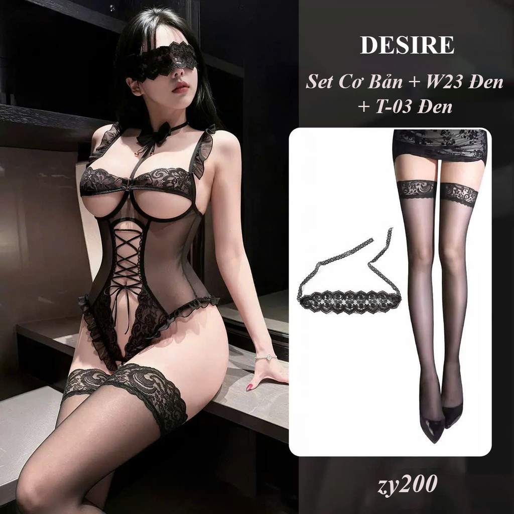 Desire Store, ZY200 Bodysuit Ren Voan Xuyên Thấu Cột Dây Cổ Hở Lưng Gợi Cảm - Đồ Ngủ Lingerie Sexy Nữ DESIRE - Set Đen + W23 Đen + T-03 Đen image 15 of 16