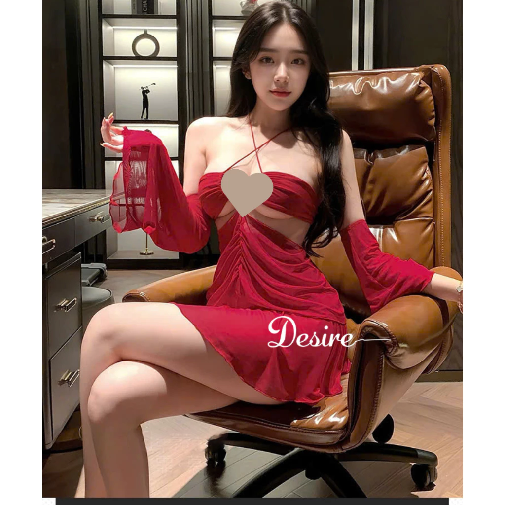 Desire Store, Set Váy ngủ cổ yếm tay áo rời dáng xoè Phong cách gợi cảm sang trọng DESIRE ZY78 - Set đỏ, Freesize (40-65kg) image 11 of 11