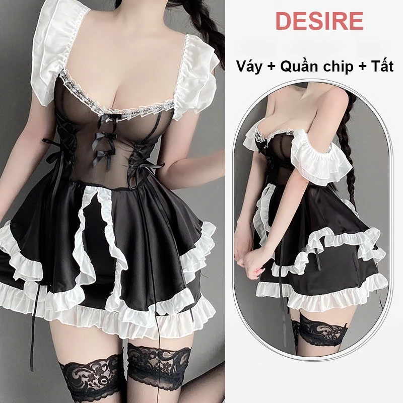 Desire Store, Bộ đồ Cosplay Lolita hầu gái gợi cảm, sexy chất thun mềm cao cấp DESIRE VN-2591 - Set cơ bản Đen + Tất, L image 15 of 16