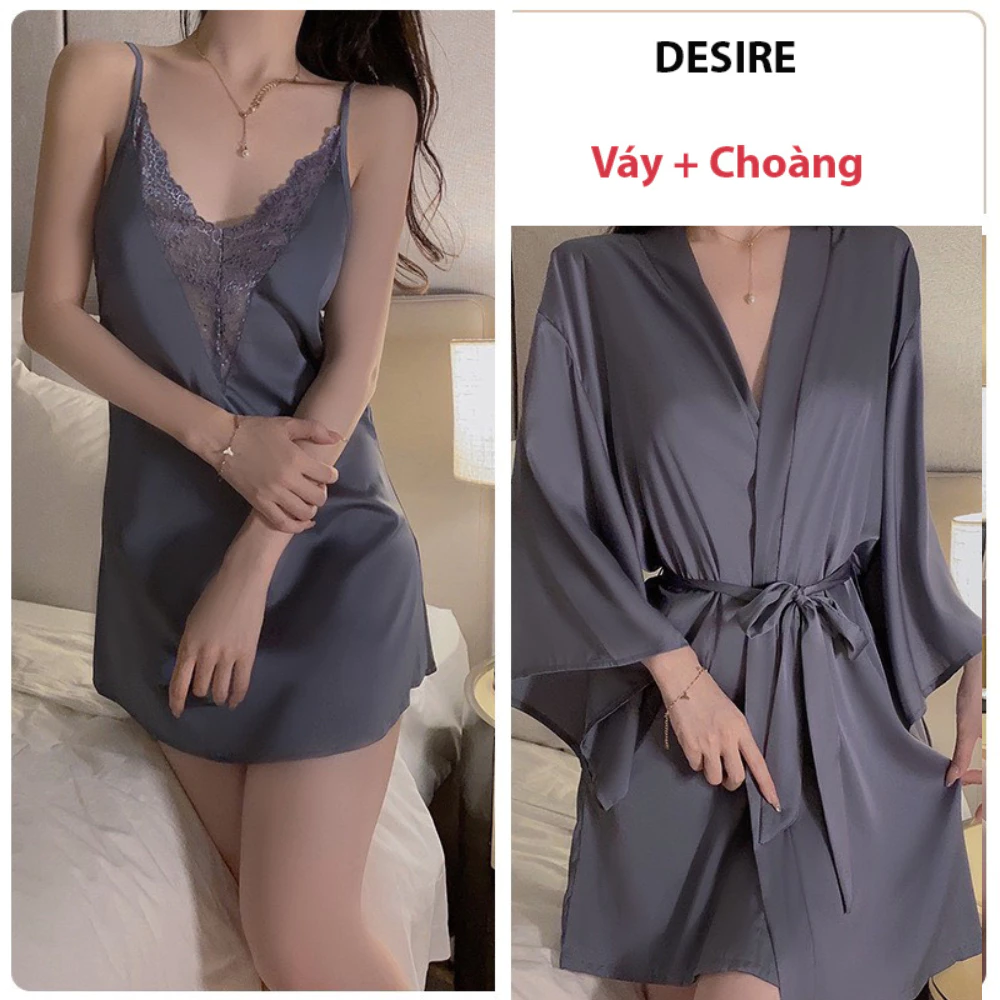 Desire Store, Váy ngủ lụa cổ V mềm mịn hàng chính hãng GUIRUO form chuẩn sexy Desire VN-1906 - Váy+ choàng xanh ghi, L image 14 of 16