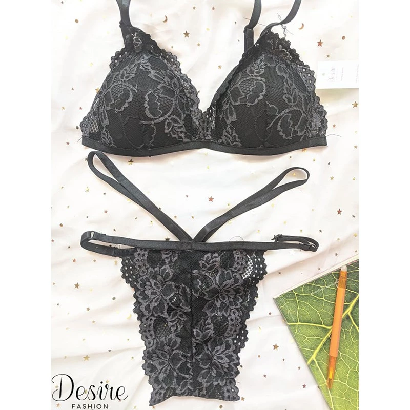 Desire Store, Đồ lót Bralette nguyên bộ quần và áo (Áo mút mòng và Quần lọt khe) BB-0020 - Đen bóng, Freesize image 16 of 18