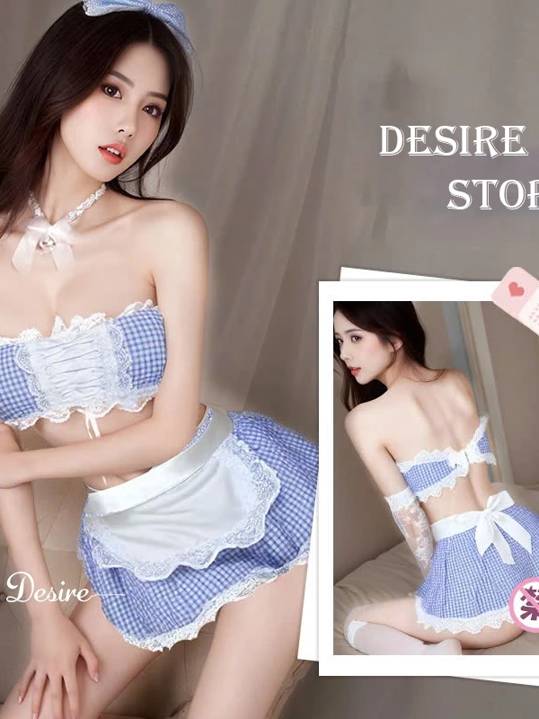 Desire Store, Bộ đồ ngủ hoá trang Cosplay hầu gái ba mảnh caro xanh cup ngực áo quây  BIGSIZE DESIRE VN-2399 image 5 of 8