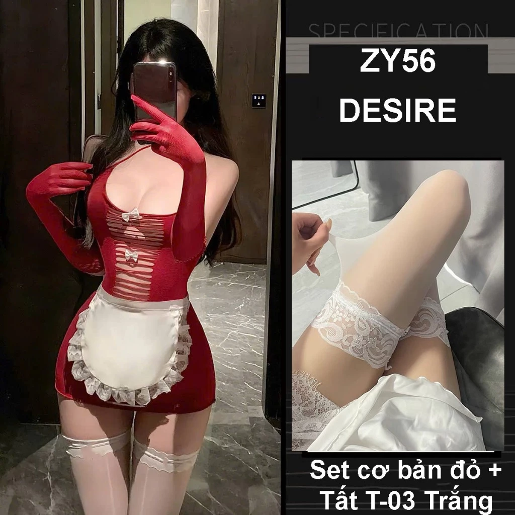 Desire Store, [40-70Kg]  Set váy ngủ Cosplay Cô Hầu Gái sexy ZY56 - Váy ngủ hầu gái ôm body gợi cảm đầy đủ phụ kiện DESIRE - Set Đỏ+Tất T-03Trắng image 12 of 13