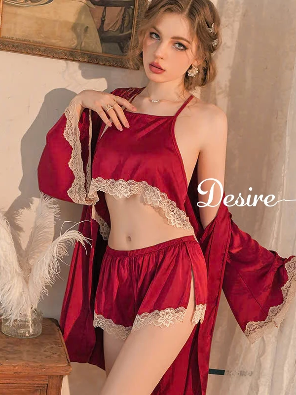 Desire Store, Bộ đồ ngủ lụa phối ren cao cấp dáng yếm cột hai dây gợi cảm mát mịn mùa hè DESIRE VN-2018 image 3 of 12