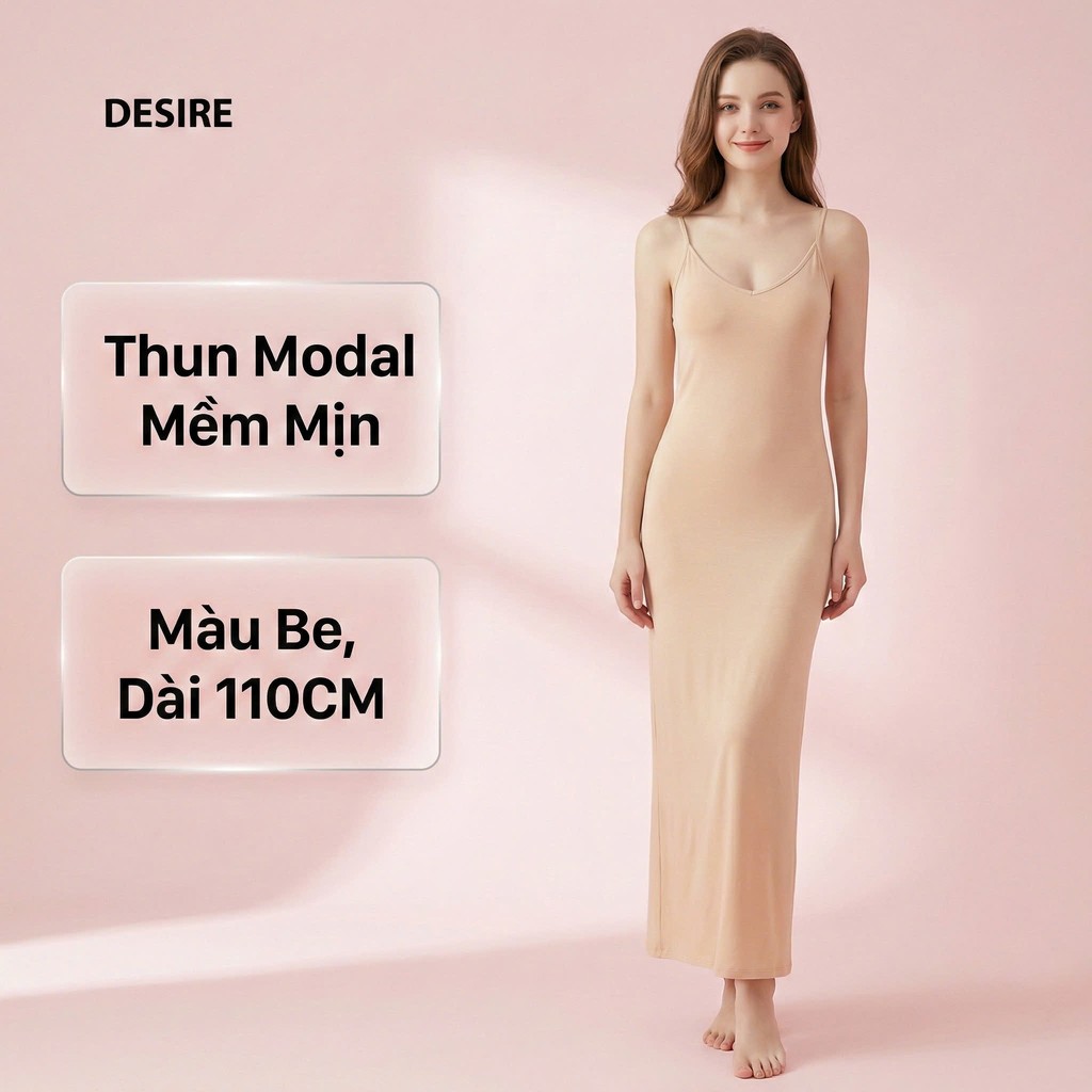 Desire Store, Váy hai dây mặc lót cổ V thun Modal (gỗ sồi) mềm mịn  đầm hai dây mặc lót dáng ôm BTM-1009 - Be dài 110cm, L (50~55kg) image 32 of 34