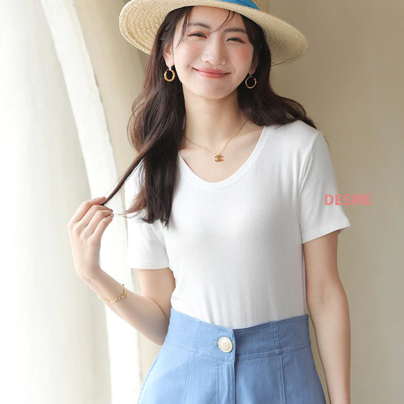 Desire Store, Áo thun nữ trơn ngắn tay thun gân DESIRE loại đẹp cổ tròn mịn mát mùa hè AN-07 - Trắng, Onesize 46-59kg image 12 of 13