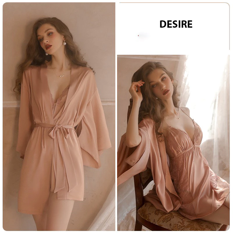 Desire Store, Set Váy ngủ hai dây có mút đệm ngực và áo choàng lụa cao cấp DESIRE VN-1690 - Áo choàng +váy hồng, XL image 14 of 28