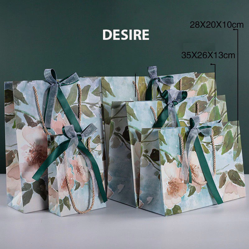 Desire Store, Túi giấy đựng quà sang trọng hoạ tiết tranh sơn dầu XANH LÁ hình chữ nhật hộp quà thắt nơ lụa túi quà TQ-02 image 7 of 10