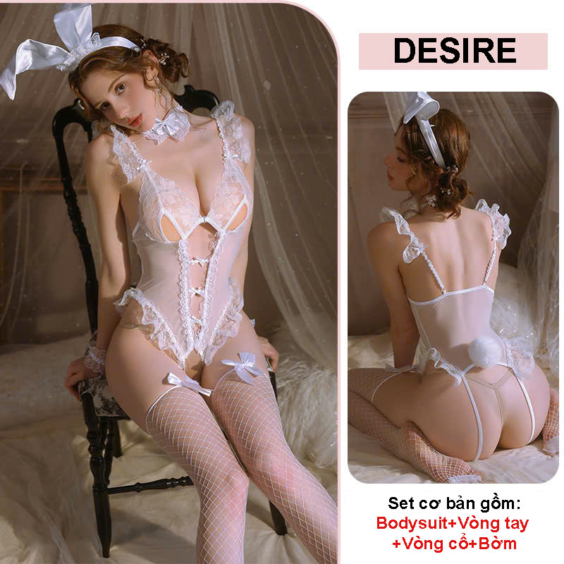 Desire Store, T060 Set Cosplay Cô Nàng Thỏ đầy đủ phụ kiện - Bodysuit ren xuyên thấu sexy DESIRE - Set trắng image 11 of 14