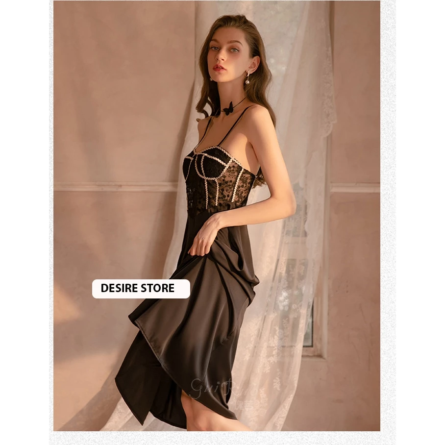 Desire Store, Váy ngủ hai dây lụa cao cấp cup ngực ngang dáng dài kèm chip lọt khe VN-1257 image 7 of 11
