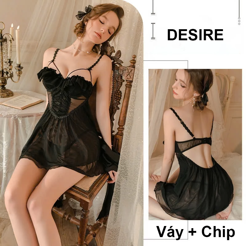 Desire Store, Váy ngủ Đầm ngủ hai dây kèm chip phối ren gợi cảm DESIRE VN-2063 - Đen image 11 of 11