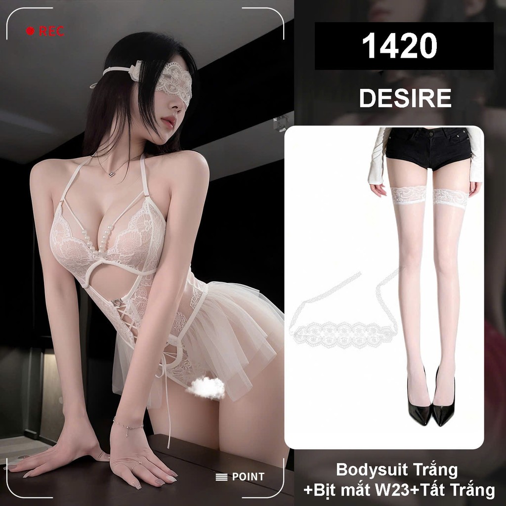 Desire Store, Bodysuit Ren - Váy Ngủ Sexy Xuyên Thấu Đính Ngọc Cao Cấp, Thiết Kế Đan Dây DESIRE 1420 - Váy trắng +Tất T-03+ Bịt mắtw23 image 18 of 18