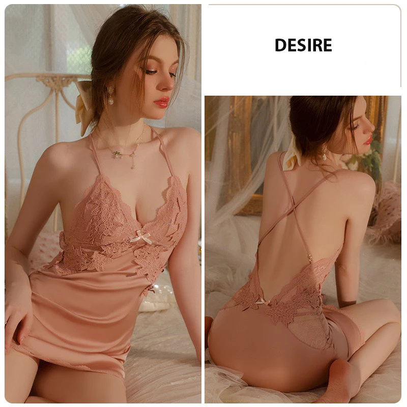 Desire Store, Set Váy ngủ lụa hai dây áo choàng phối ren gợi cảm sexy chính hãng Guiruo QC cao cấp DESIRE VN-1170 - Váy Hồng + Chip, L 40-53kg image 10 of 20