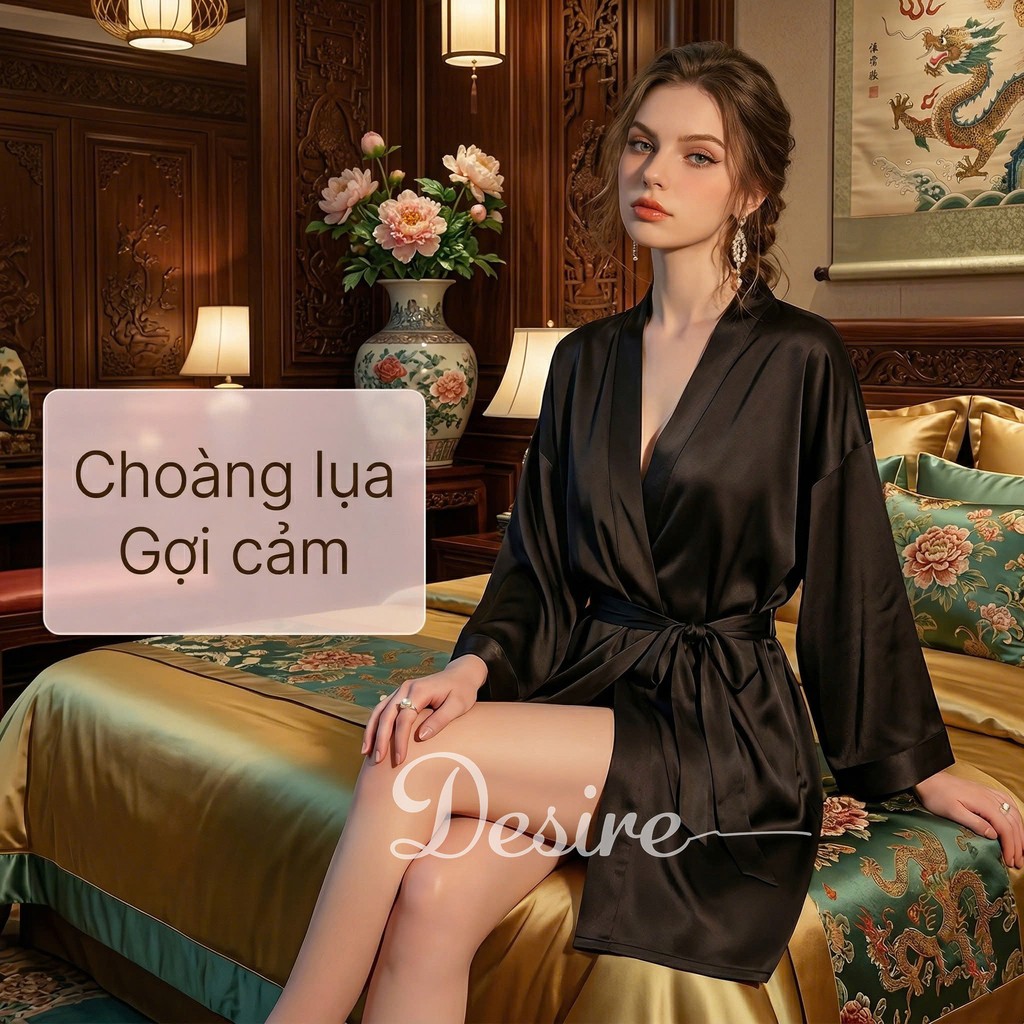 Desire Store, Áo choàng ngủ lụa tay ống rộng cao cấp Áo choàng cô dâu gợi cảm Bride hàng loại 1 VN-84301 image 4 of 13