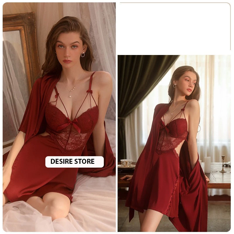 Desire Store, Set váy ngủ lụa và áo choàng có mút ngực cut out lưng gợi cảm DESIRE VN-2044 - Set Váy+Choàng đỏ, L image 13 of 17