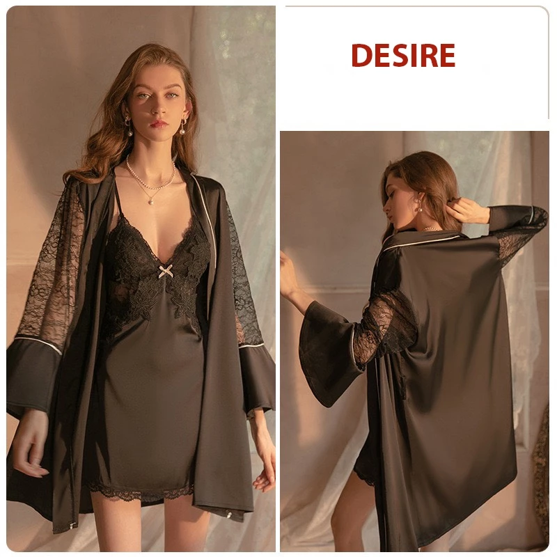 Desire Store, Áo choàng ngủ tay ren loe sang trọng lụa choàng cô dâu Bride VN-1170 - Áo choàng Đen image 13 of 13