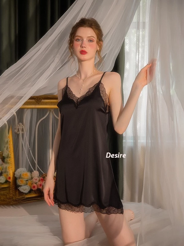 Desire Store, Váy ngủ lụa Đầm ngủ hai dây lụa kèm chip phối ren gợi cảm sexy VN-169-1 image 2 of 19
