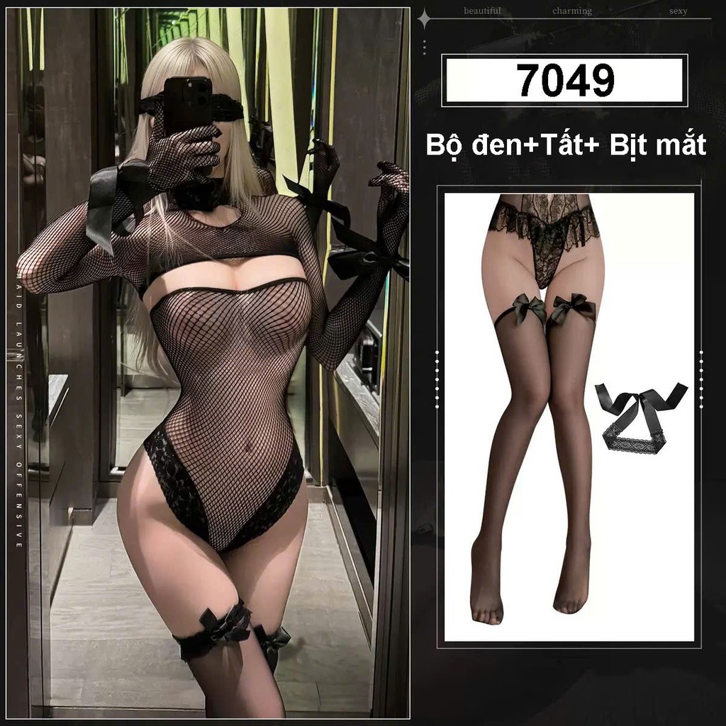 Desire Store, 7049 Bộ đồ lót liền thân Bodysuit lưới xuyên thấu sexy gợi cảm DESIRE  - Bộ Đen + Tất T-04+Bịt mắtBM-04 image 18 of 20