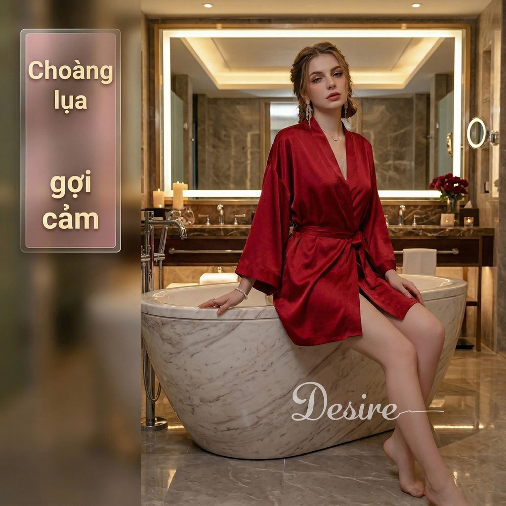 Desire Store, Áo choàng ngủ lụa tay ống rộng cao cấp Áo choàng cô dâu gợi cảm Bride hàng loại 1 VN-84301 image 3 of 13
