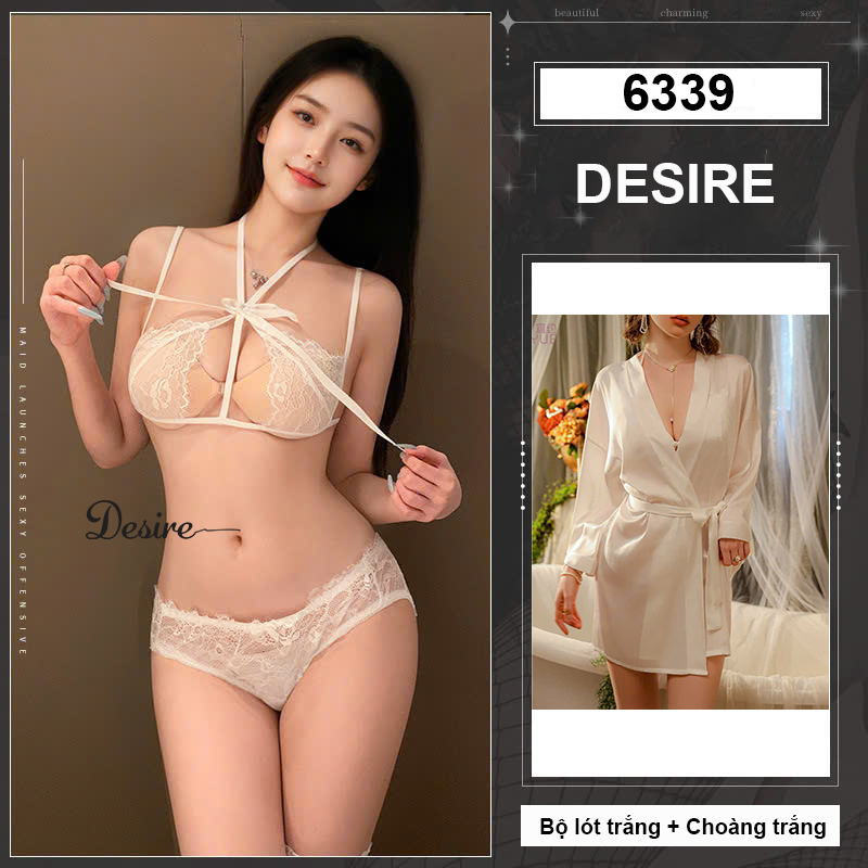 Desire Store, Bộ đồ lót ren cột dây xuyên thấu DESIRE VN-6339 - Nội y Trắng + Choàng Trắng image 16 of 18