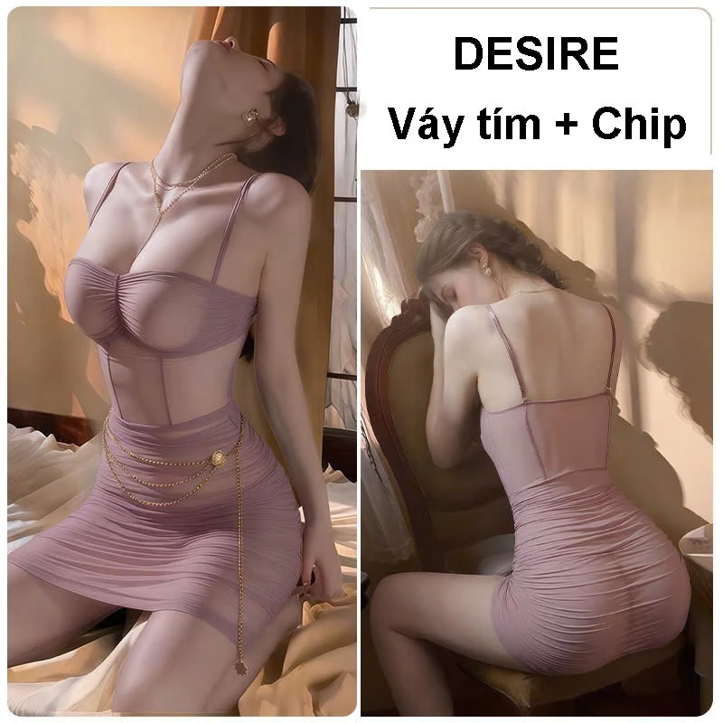 Desire Store, Váy Ngủ Sexy Quyến Rũ Ôm Body Xuyên Thấu Voan Mỏng Hai Dây Cao Cấp DESIRE 376 - Tím + Chip image 8 of 13