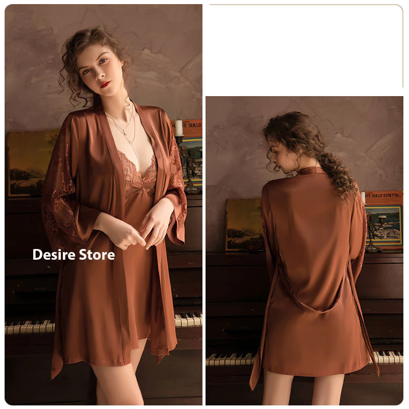 Desire Store, Áo choàng ngủ lụa choàng cô dâu Bride phối ren cực quyến rũ VN-780 - Áo choàng cam image 12 of 12