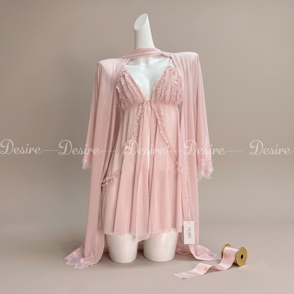 Desire Store, Set Váy Ngủ Voan Mỏng Phối Ren Nhún Bèo Sang Chảnh - Váy Ngủ Gợi Cảm Cao Cấp DESIRE B185 - Set Hồng nhạt, L (60-80Kg) image 15 of 19