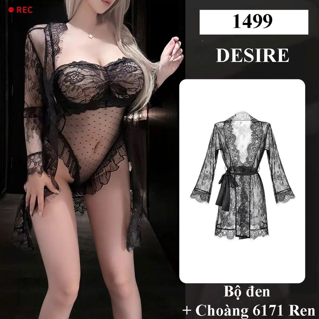 Desire Store, Bodysuit Lưới Chấm Bi Phối Ren Đen Viền Bèo Quyến Rũ DESIRE - 1499 (Alluring Black Polka-Dot Mesh Bodysuit with Lace and Ruffle Trim DESIRE -1499) - Set cơ bản + Choàng 6171 ren image 11 of 12