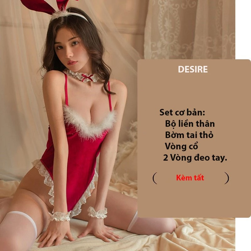 Desire Store, Bộ đồ ngủ liền thân xẻ đáy cosplay hoá trang cô nàng thỏ  loại 1 DESIRE VN-8478 - Set Đỏ + Tất T-05 image 9 of 9