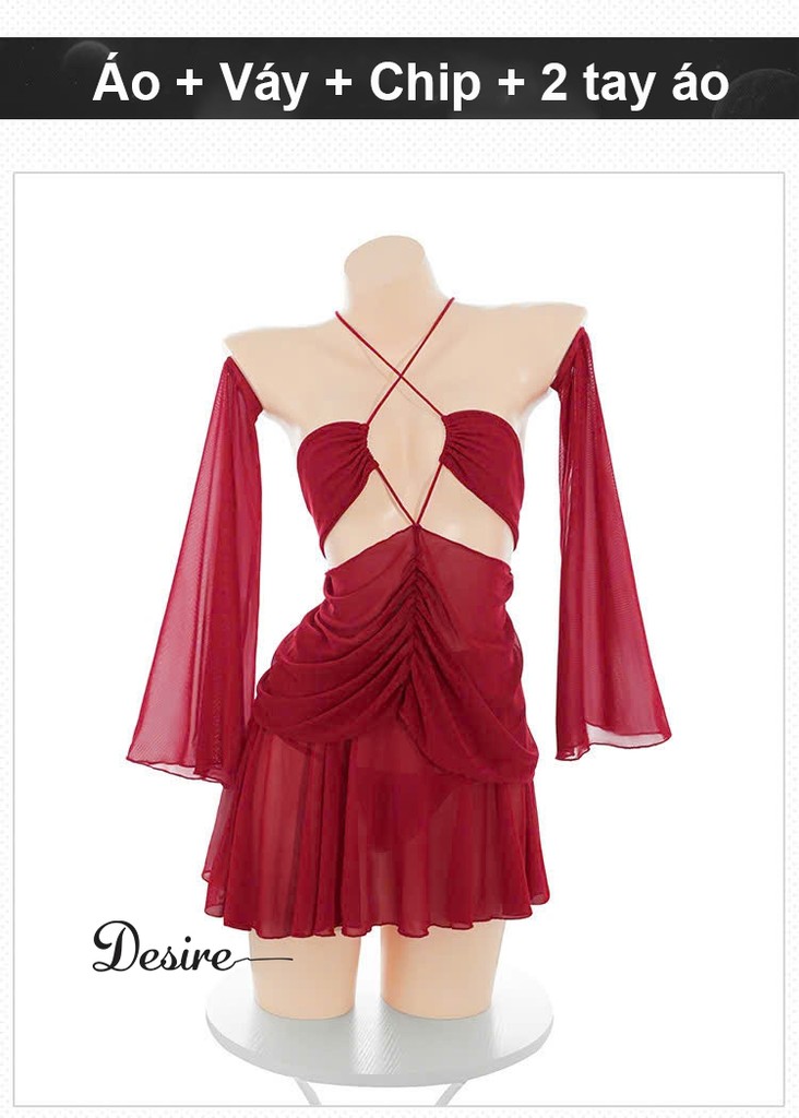 Desire Store, Set Váy ngủ cổ yếm tay áo rời dáng xoè Phong cách gợi cảm sang trọng DESIRE ZY78-1 image 10 of 11