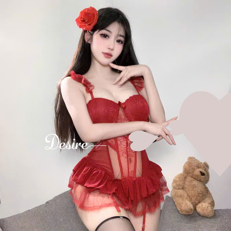 Desire Store, Bodysuit Ren Cao Cấp Có Mút Ngực - Váy Ngủ Liền Thân Corset Phối Voan Xòe Tôn Dáng Sexy Quyến Rũ DESIRE VN-1738 - Váy đỏ + Tất T-01 Đen, L image 18 of 18