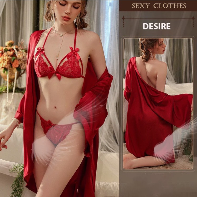 Desire Store, Bộ đồ lót ren quần lọt khe áo cột dây ren xuyên thấu sexy gợi cảm  VN-8601-1 - Nội y + choàng đỏ image 12 of 12