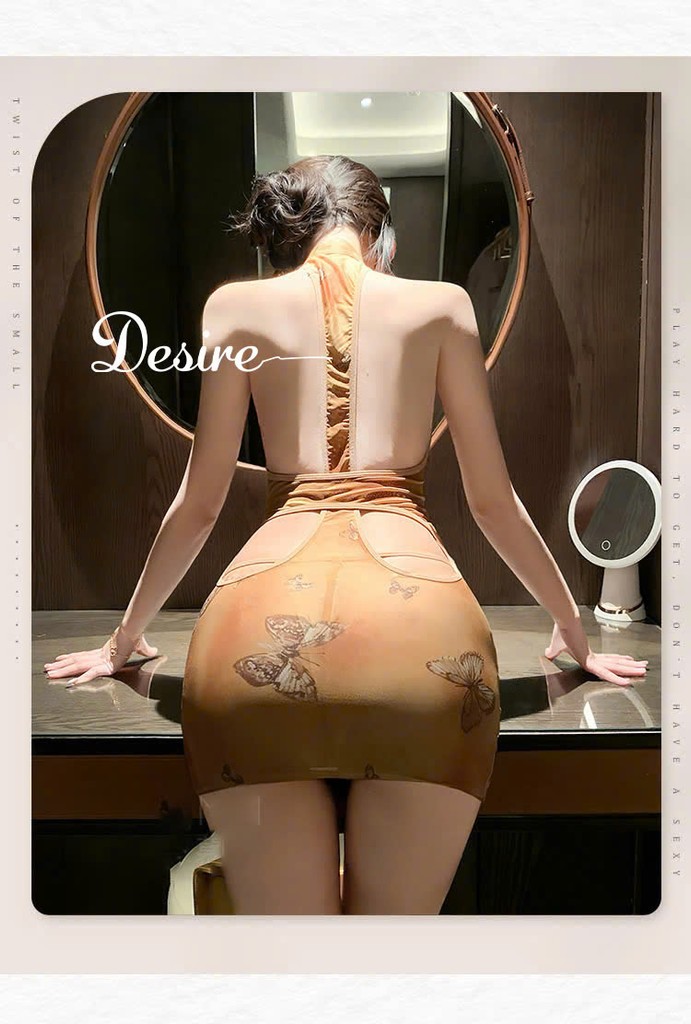 Desire Store, ZY40 Váy Ngủ Cosplay Sườn Xám Cách Tân Họa Tiết Bươm Bướm - Đồ Lót Cosplay Sườn Xám Xuyên Thấu Đan Dây Hông DESIRE ZY40 (Butterfly-Print Modern Qipao Cosplay Lingerie – DESIRE ZY40 Sheer Lace-Up Side Qipao Cosplay Lingerie) image 5 of 7
