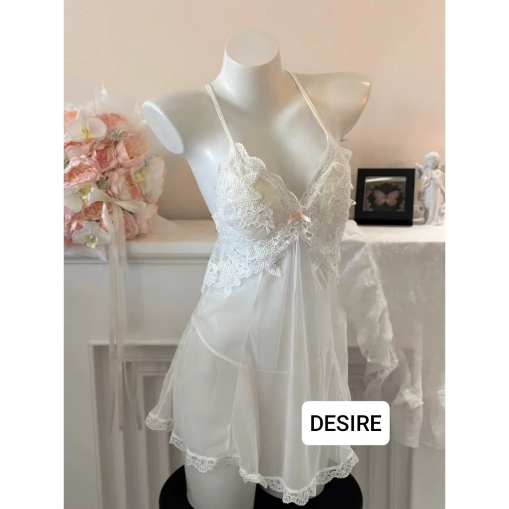 Desire Store, Váy Ngủ Ren Phối Hoa Xuyên Thấu Sexy Cao Cấp Kèm Quần Chip DESIRE VN-1899 - Trắng, XL image 13 of 17