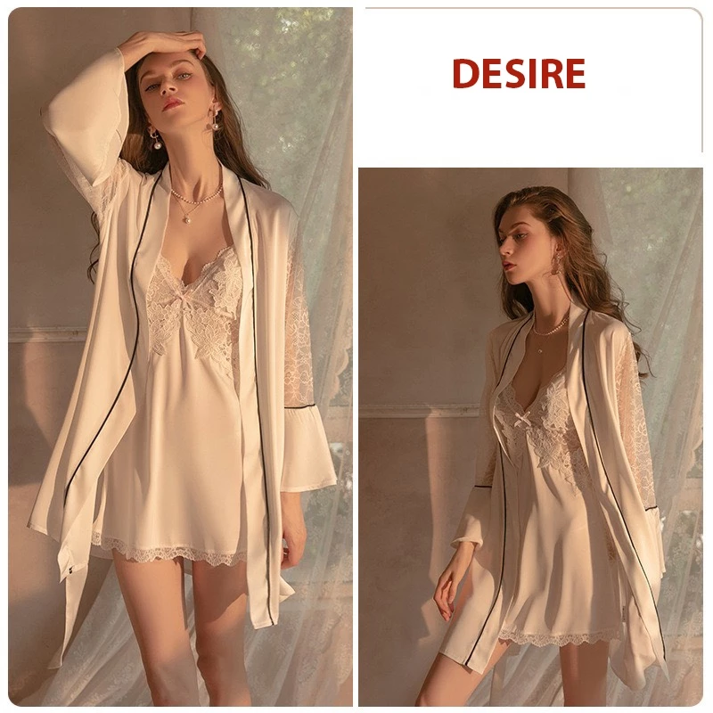 Desire Store, Áo choàng ngủ tay ren loe sang trọng lụa choàng cô dâu Bride VN-1170 - Áo choàng Trắng image 12 of 13
