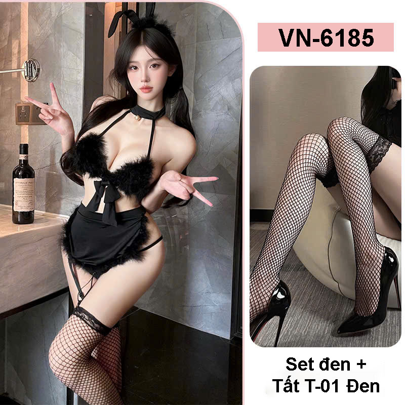 Desire Store, Set Cosplay Cô Nàng Thỏ Bunny Girl - Đồ Cosplay Thỏ Con Quyến Rũ Phối Lông Mềm Mại DESIRE VN-6185 - Đen + Tất T-001 image 13 of 14